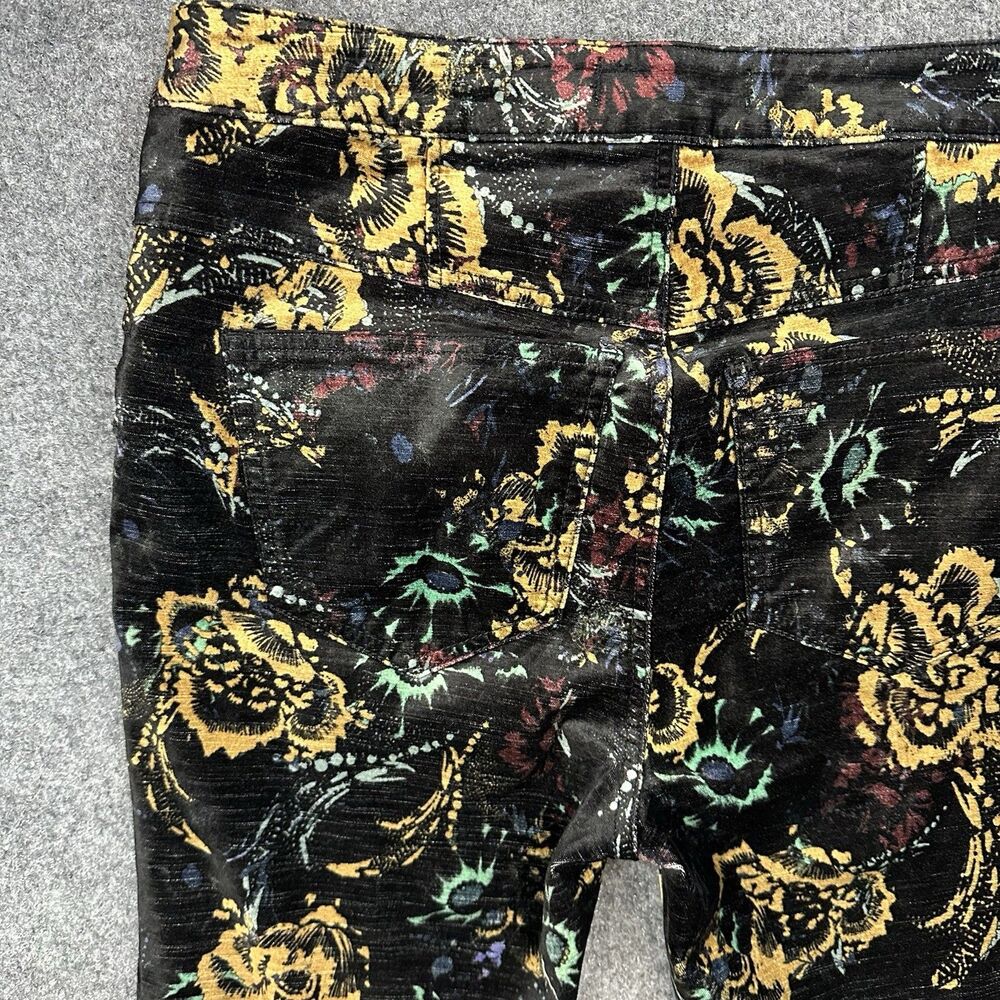 Free People Velvet Skinny Pant 12 Black Floral Print Retro Zip Pockets Mid Rise - Picture 8 of 14